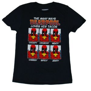 Deadpool Marvel Comics Mens T-Shirt -The Many Ways Deadpool Loves His Tacos Lg.